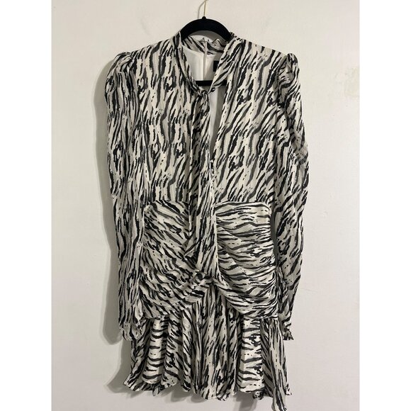 BARDOT Black White Ruched Zebra Print Long Sleeve Flared Hem|Party Dress  US 6 - Picture 2 of 14